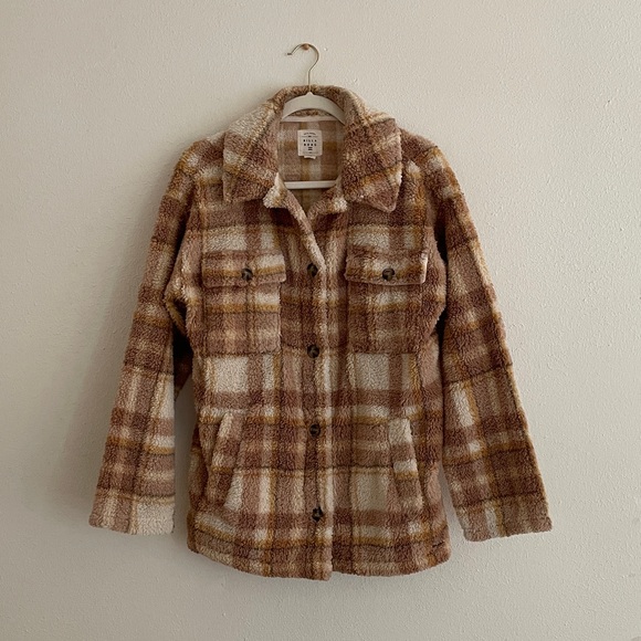 Billabong Jackets & Blazers - Billabong Shirt Jacket Teddy Fleece Button Up Tan Cream Coastal Beach